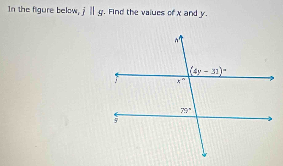 In the figure below, j||g. Find the values of x and y.