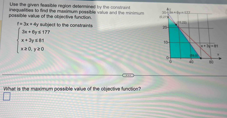 Use the given feasible region determined by the constraint
inequalities to find the maximum possible value and the minimum 
possible value of the objective function.
f=3x+4y subject to the constraints
beginarrayl 3x+6y≤ 177 x+3y≤ 81 x≥ 0,y≥ 0endarray.
What is the maximum possible value of the objective function?
□