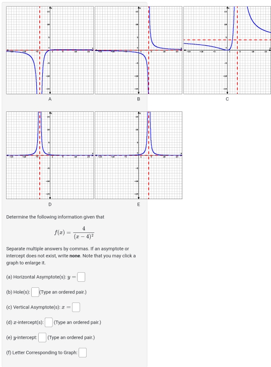 Determine the following information given that
f(x)=frac 4(x-4)^2
Separate multiple answers by commas. If an asymptote or 
intercept does not exist, write none. Note that you may click a 
graph to enlarge it. 
(a) Horizontal Asymptote(s): y=□
(b) Hole(s): □ (Type an ordered pair.) 
(c) Vertical Asymptote(s): x=□
(d) æ -intercept(s): :□ (Type an ordered pair.) 
(e) y-intercept: □ (Type an ordered pair.) 
(f) Letter Corresponding to Graph: □