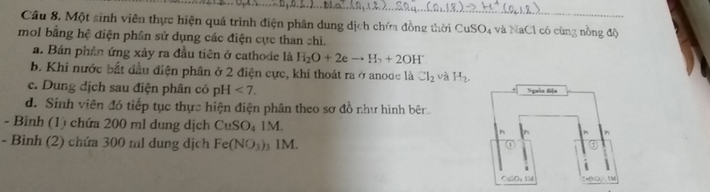 Một sinh viên thực hiện quá trình điện phân dung dịch chứa đồng thời CuSO_4 và NaCl có cùng nồng độ
mol bằng hệ điện phần sử dụng các điện cực than chì.
a. Bán phản ứng xảy ra đầu tiên ở cathode là H_2O+2eto H_2+2OH^-
b. Khi nước bắt đầu điện phân ở 2 điện cực, khí thoát ra ở anode là Cl_2 và H_2.
c. Dung dịch sau điện phân có pH <7.
d. Sinh viên đó tiếp tục thực hiện điện phân theo sơ đồ như hình bên
- Bình (1) chứa 200 ml dung dịch CuSO_41M.
- Bình (2) chứa 300 ml dung dịch Fe(NO_3)_3 1 M