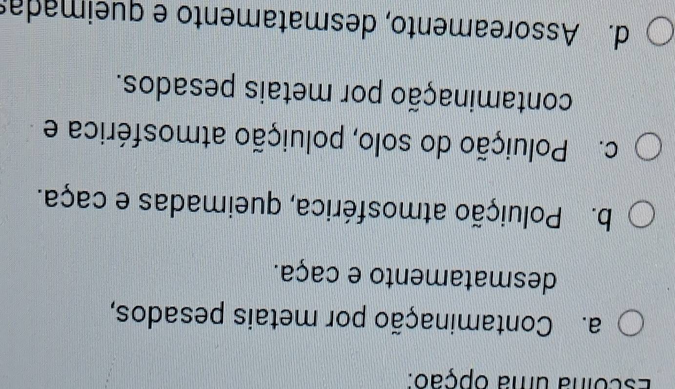 Escolna uma opção:
a. Contaminação por metais pesados,
desmatamento e caça.
b. Poluição atmosférica, queimadas e caça.
c. Poluição do solo, poluição atmosférica e
contaminação por metais pesados.
d. Assoreamento, desmatamento e queimadas