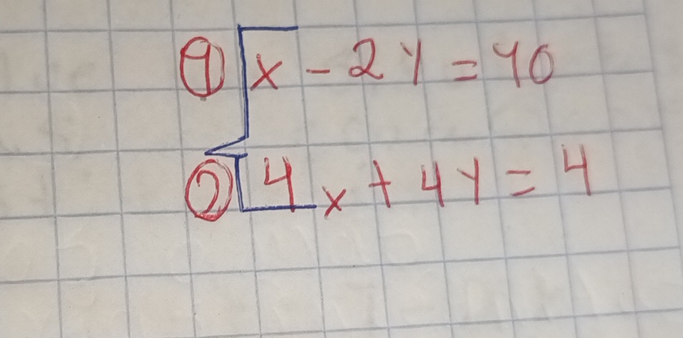 beginarrayr 2encloselongdiv x-2y=40 sqrt(14x+4y=4)endarray