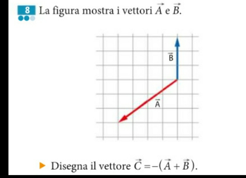 La figura mostra i vettori vector A e vector B.
Disegna il vettore vector C=-(vector A+vector B).