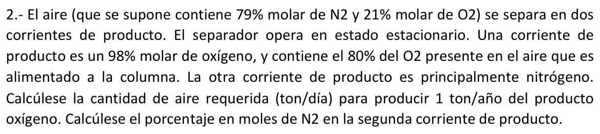 2.- El aire (que se supone contiene 79% molar de N2 y 21% molar de O2) se separa en dos 
corrientes de producto. El separador opera en estado estacionario. Una corriente de 
producto es un 98% molar de oxígeno, y contiene el 80% del O2 presente en el aire que es 
alimentado a la columna. La otra corriente de producto es principalmente nitrógeno. 
Calcúlese la cantidad de aire requerida (ton/día) para producir 1 ton/año del producto 
oxígeno. Calcúlese el porcentaje en moles de N2 en la segunda corriente de producto.