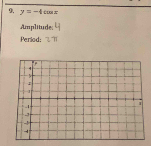 y=-4cos x
Amplitude: 
Period: