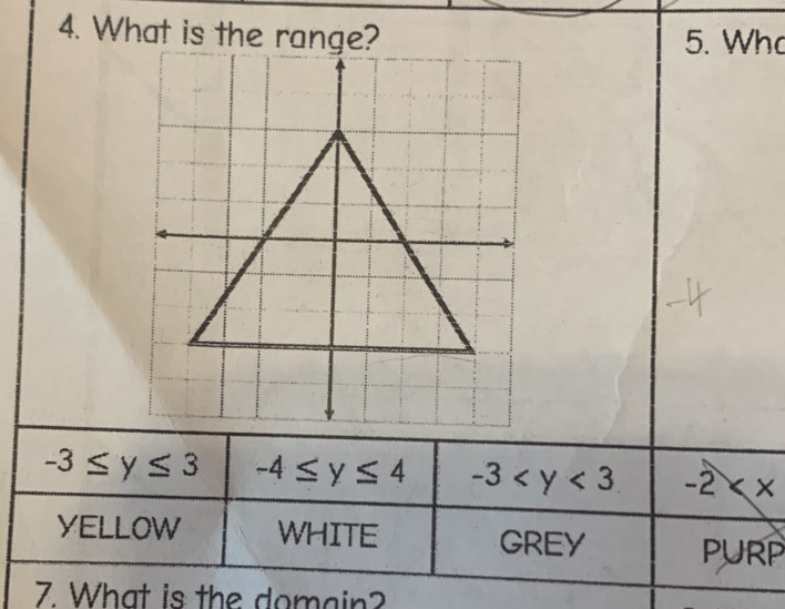 What is the range?5. Wh
-3≤ y≤ 3 -4≤ y≤ 4 -3 -2
YELLOW WHITE GREY PurP
7. What is the domain?