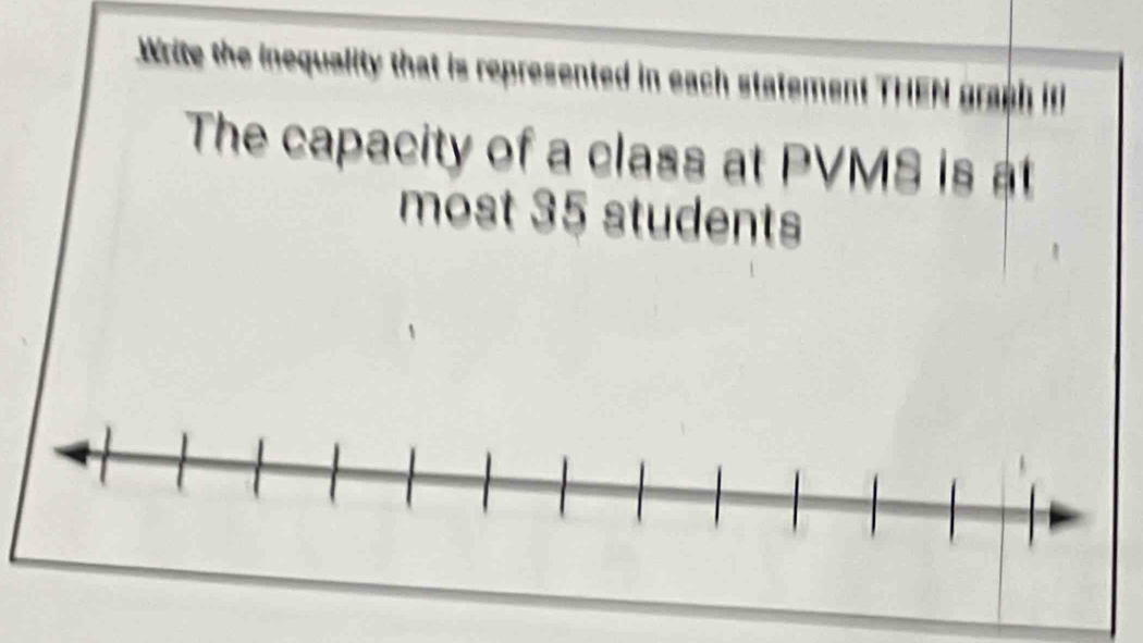 Write the inequality that is represented in each f a ter 
The capacity of a class at PVMS is at 
most 35 students