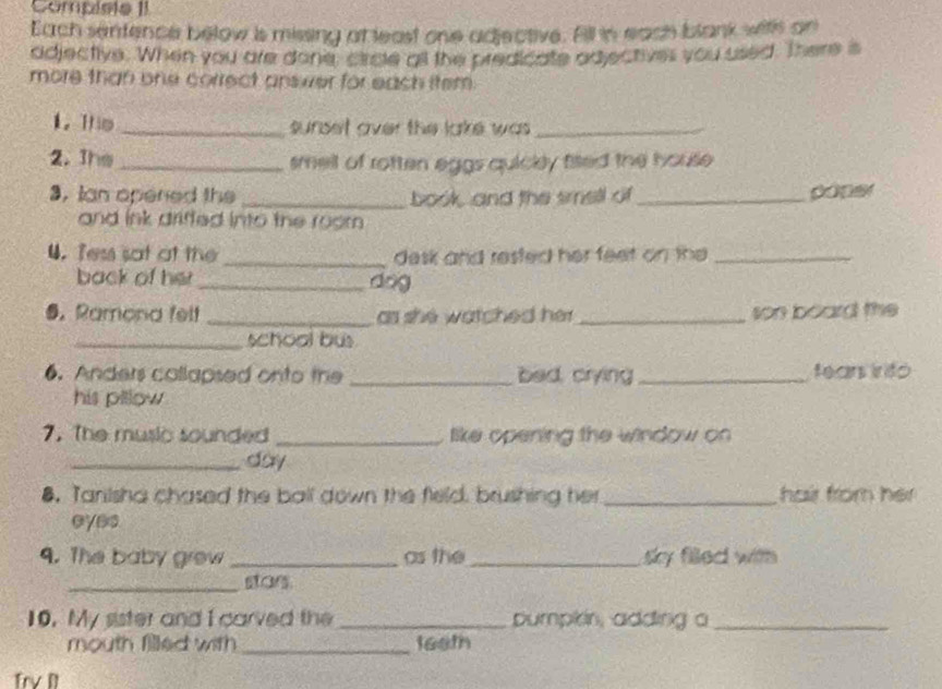 Compisie II 
Each sentence below is missing at least one adjective. Aill in each blank with on 
adjective. When you are done, circle all the predicate adjectives you used. There is 
more than one correct answer for each item . 
1。This _surset aver the lake was ._ 
2. The _smelt of rotten eggs quickly fited the house 
3, Ian opened the _book, and the smell of_ papst 
and ink driffed into the room . 
4. Tess sat at the _desk and rested her feet on the _ 
back of her _dog 
5. Ramona felt _as she watched her . _son board the 
_school bus 
6. Anders collapsed onto the _bed, crying_ fears into 
his pillow 
7. The music sounded _like opening the window on 
_day 
8. Tanisha chased the ball down the field, brushing her _hair from her 
eyes 
9. The baby grew _as the _sky filled with 
_star. 
10. My sister and I carved the _pumpkin, adding a_ 
mouth filled with _teath 
frvI