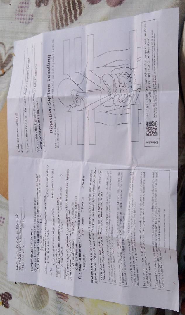 GRADE AND SECTIO NAME_
_
1. What is the news article al
about
DATE:_ SCORE. _2. How can the article inform the readers about the Digestive System 
PRÉTEST QUARTER 4 LESON 1
Choose the best answer and write this on a separate paper 
_
1. Which part of the digestive system eliminates waste in the body? 3. Do you think this Digestive Health Week can help Vilipinos be
O Stomach A Large intotine B. Liver
_
informed about preventing digestive
problems?
you ma in ta i n  a  h e a l t e   i e e s ti  e  s      m ft. Sleep late and wake up
early C. Drink lots of water and get anough sleep D. Ear sweets a lot like Digestive System Labelling
the labels and stick them onto the correct digestive parts i
_cakes and chocolates. 3. What part of the digestive system secretes bile? C. Small intestine D.
A. Gall Bladder I. Liver
_Stomach 4. What type of digestion happens when the food is chewed and broken
down into smaller pieces for easier breakdown? B. Mechanical Digestion
C. Simple Digestion D. Typical Digestion
_5. Which of these speeds up chemical reactions? C. Proteins D. Water
A. Enzymes B. Nutrients
News Article Analysis: Read and analyze the news article and reflect on the questions
provided below. This article was taken from Philippine News Agency dated March 2020.
PRRD declares 2nd week of Murch as BH Digestive Health week bu
Philippines News Agency (Azer Parrocha, March 19, 2020)
The second week of March was proclaimed 'Philippine Digestive Health Week"
de president Rodrige Euterte, suphomizing the need to raise awareness of
diseases and digestive health conditions
Proclamation No, 930, signed by the president on March 19, orders the
Department of Health atnalo guide, organize, and oversee the annue
national observance of Philippine Diestive Week
In the proclamation, it was highlighted that it is vital to educ ate, have enough
resources and promote aware he ans the public to manage different vanan 
diseases and other related conditions to digestive health
In the country, the leading catises of death among citizens are related to
See if you can find out what the large intestine does
colorectal cancer digestive trast problems like liver cancer, peptic ulcer disease, diarrhes, and
If appropriate measures such its screening, public education, advocacy, and and why it is important in digestion
awareness campaign are readily accessible to the public, these illnesses and Experiene this in at Slnply sean this code with any devise nanning 105 12 or soten
for further ligh cheme wut our FAQ page at woww buinad to atme perasn al nos
disorders can be theoretically avoided (Parrocha 2020).
 om t= 4=//ooo> &0=1=/a0- =7= 1/3007 3 0x