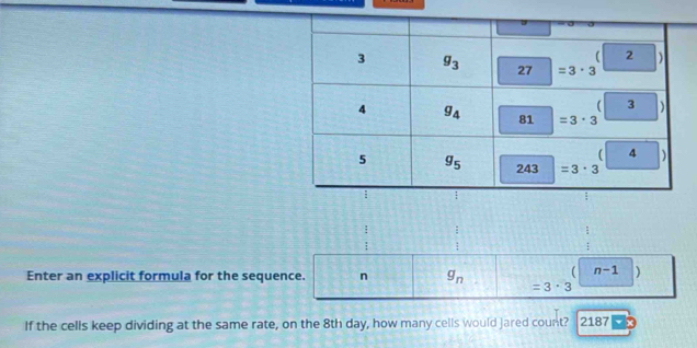 ( n-1 )
Enter an explicit formula for the sequence. n g_n =3· 3
If the cells keep dividing at the same rate, on the 8th day, how many cells would Jared count? 2187