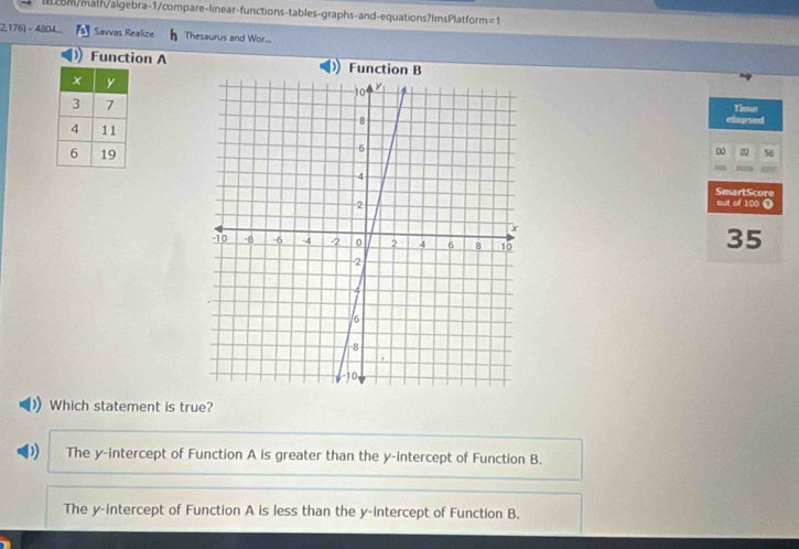 28m/math/algebra-1/compare-linear-functions-tables-graphs-and-equations?ImsPlatform =1 
2,176) - 4804... Savvas Realize Thesaurus and Wor...
Function A Func
Timne
lapse
0 32 56
SmartScore
out of 100 0
35
Which statement is true?
) The y-intercept of Function A is greater than the y-intercept of Function B.
The y-intercept of Function A is less than the y-intercept of Function B.