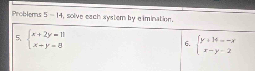 Problems 5-14 , solve each system by elimination.