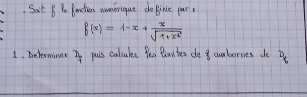 Sot B Po Paction numerique deBinic pur:
f(x)=1-x+ x/sqrt(1+x^2) 
1 Determiner  n/7  pais calculer Peo limites de curbornes de D_6