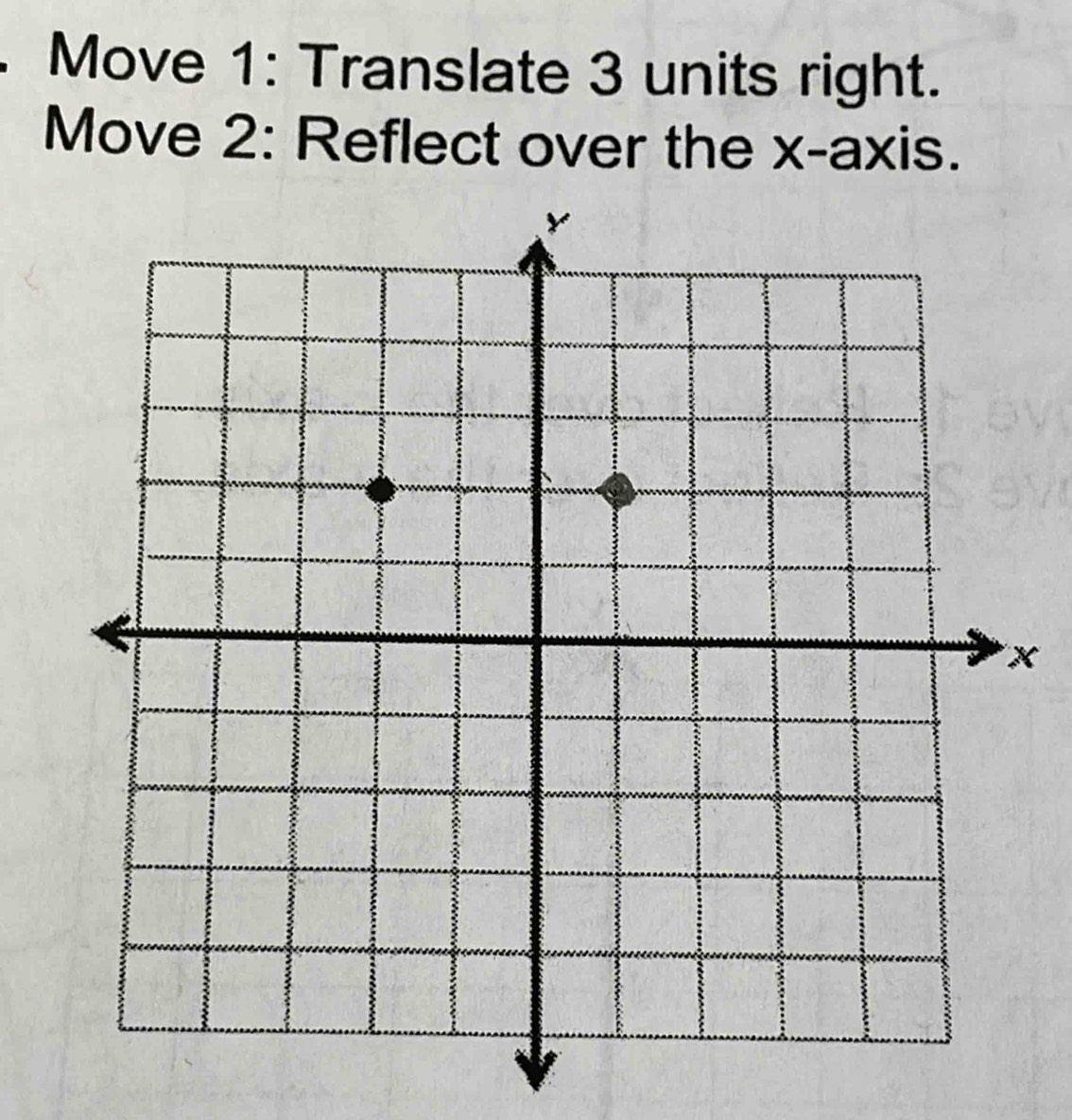 Move 1: Translate 3 units right. 
Move 2: Reflect over the x-axis. 
×