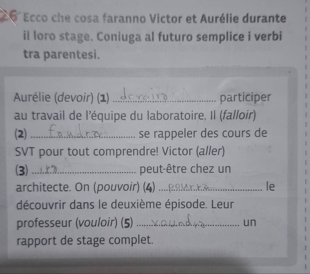 Ecco che cosa faranno Victor et Aurélie durante 
il loro stage. Coniuga al futuro semplice i verbi 
tra parentesi. 
Aurélie (devoir) (1) _participer 
au travail de l'équipe du laboratoire. Il (falloir) 
(2)_ se rappeler des cours de 
SVT pour tout comprendre! Victor (aller) 
(3) _peut-être chez un 
architecte. On (pouvoir) (4) _le 
découvrir dans le deuxième épisode. Leur 
professeur (vouloir) (5)_ 
un 
rapport de stage complet.