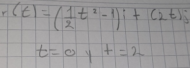 r(t)=( 1/2 t^2-1)i+(2t)j
t=0y+=2