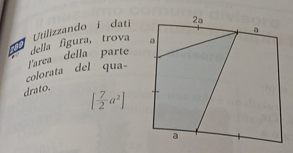 289 Utilizzando i dati 
della figura, trova 
Tarea della parte 
colorata del qua- 
drato.
[ 7/2 a^2]