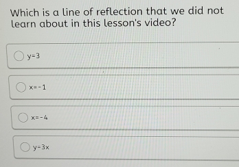 Which is a line of reflection that we did not
learn about in this lesson's video?
y=3
x=-1
x=-4
y=3x