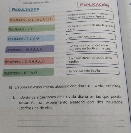 con su explicación. Explicación 3 
Resultados 
Obtuvo siempre cara, menos al 
Resultados = A C、 C A、 C、 A.、 A, C final, cuando obtuvo águila 
Obtuvo lo mismo de águila que de 
Resultados = cara. 
Resultados = C.C.C, A Se tuvieron dos eventos. 
Los eventos fueron dos caras 
Resultados == A,A,A,A, A seguidas, un águila y una cara. 
Cayó una cara y después cinco 
Resultados = C. A, A, A, A, A águilas. 
Resultados = C, C, A, C Se obtuvo solo águila. 
b) Elabora un experimento aleatorio con datos de tu vida cotidiana. 
1. Identifica situaciones de tu vida diaria en las que puedas 
desarrollar un experimento aleatorio con dos resultados. 
Escribe una de ellas. 
_ 
_ 
_