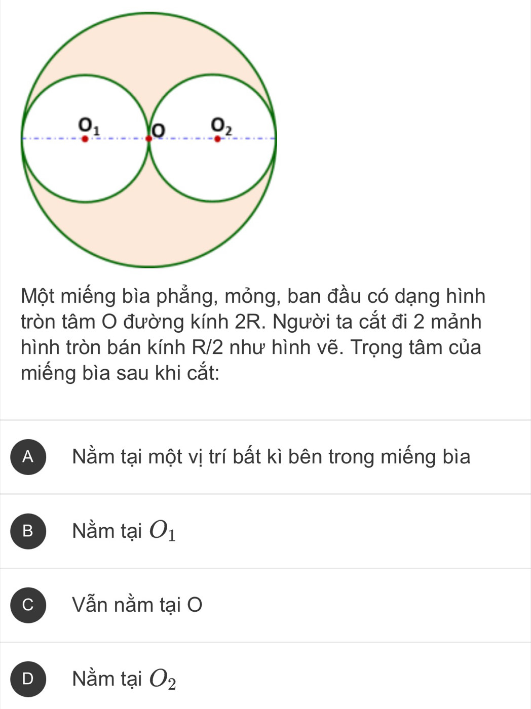 Một miếng bìa phẳng, mỏng, ban đầu có dạng hình
tròn tâm O đường kính 2R. Người ta cắt đi 2 mảnh
hình tròn bán kính R/2 như hình vẽ. Trọng tâm của
miếng bìa sau khi cắt:
A Nằm tại một vị trí bất kì bên trong miếng bìa
B Nằm tại O_1
Vẫn nằm tại O
D Nằm tại O_2