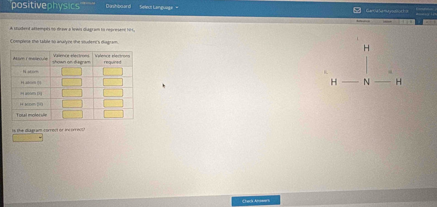 positivephysics Dashboard Select Language Garcia Samay o a Xoch a Coulation 

Refereence L 1 ← 
A student attempts to draw a lewis diagram to represent NH, 
Complete the table to analyze the student's diagram.
H
i
H N H
Is the diagram correct or incorrect? 
Check Answers