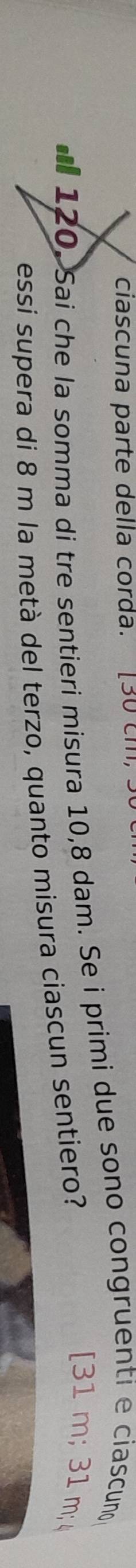 clascuna parte della corda. [ 30 cm
* 120. Sai che la somma di tre sentieri misura 10,8 dam. Se i primi due sono congruenti e ciascun 
essi supera di 8 m la metà del terzo, quanto misura ciascun sentiero? 
[ 31 m; 31 m; 4