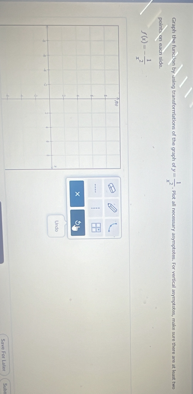Graph the function by using transformations of the graph of y= 1/x^2 . Plot all necessary asymptotes. For vertical asymptotes, make sure there are at least two 
points on eacn side.
f(x)=- 1/x^2 
---- 
× 
Undo 
Save For Later Subn
