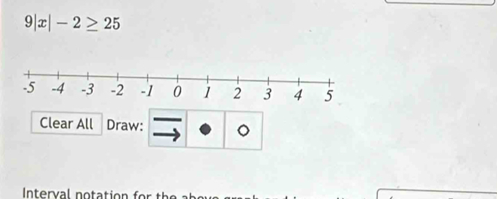 9|x|-2≥ 25
Clear All Draw: 。