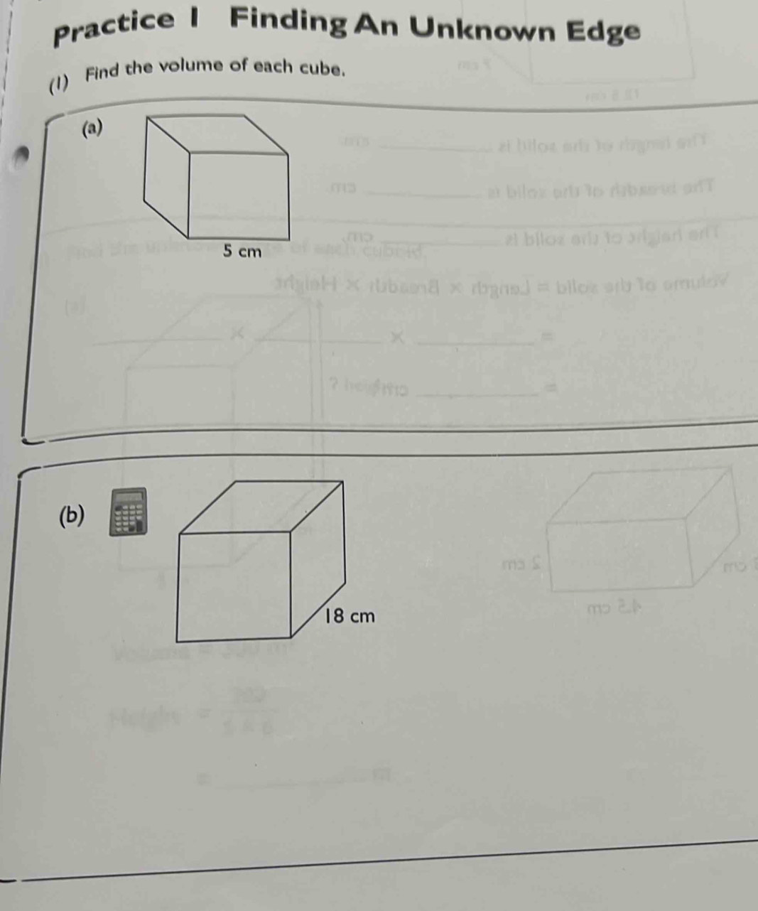 Practice 1 Finding An Unknown Edge 
(1) Find the volume of each cube. 
(a) 
(b)