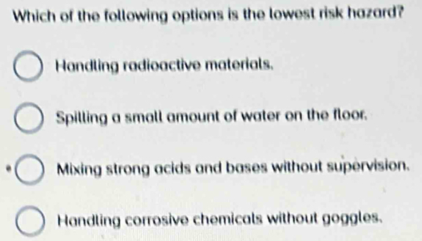 Which of the following options is the lowest risk hazard?
Handling radioactive materials.
Spilling a small amount of water on the floor.
Mixing strong acids and bases without supervision.
Handling corrosive chemicals without goggles.