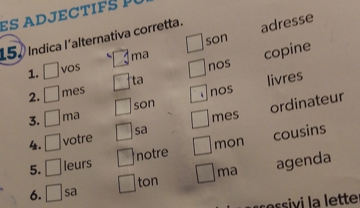 ES ADECT 
15º Indica l'alternativa corretta. 
adresse 
son 
ma 
ta copine 
1. vos 
nos 
livres 
2. mes 
nos 
son 
ordinateur 
3. ma mes 
4. votre sa 
mon 
5. leurs notre cousins 
ma agenda 
ton 
6. sa