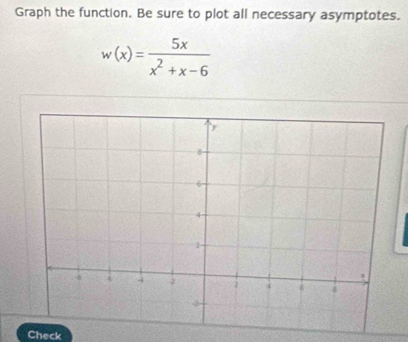 Graph the function. Be sure to plot all necessary asymptotes.
w(x)= 5x/x^2+x-6 
Check