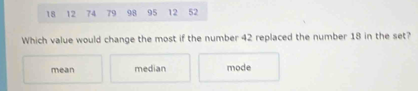 18 12 74 79 98 95 12 52
Which value would change the most if the number 42 replaced the number 18 in the set?
mean median mode