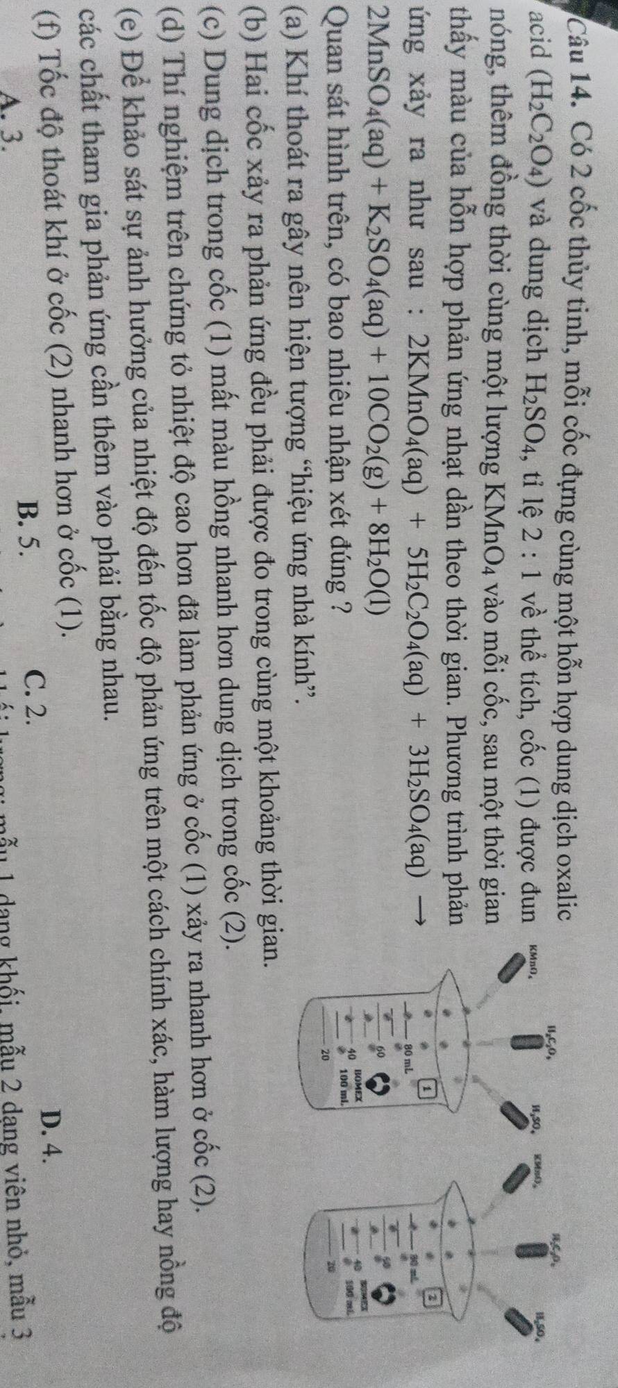 Có 2 cốc thủy tinh, mỗi cốc đựng cùng một hỗn hợp dung dịch oxalic
acid (H_2C_2O_4) và dung dịch H_2SO_4 , tỉ lệ 2:1 về thể tích, cốc (1) được đun
nóng, thêm đồng thời cùng một lượng KMr _4O_4 vào mỗi cốc, sau một thời gian
thấy màu của hỗn hợp phản ứng nhạt dần theo thời gian. Phương trình phản
ứng xảy ra như sau : 2KMnO_4(aq)+5H_2C_2O_4(aq)+3H_2SO_4(aq)
2MnSO_4(aq)+K_2SO_4(aq)+10CO_2(g)+8H_2O(l)
Quan sát hình trên, có bao nhiêu nhận xét đúng ?
(a) Khí thoát ra gây nên hiện tượng “hiệu ứng nhà kính”.
(b) Hai cốc xảy ra phản ứng đều phải được đo trong cùng một khoảng thời gian.
(c) Dung dịch trong cốc (1) mất màu hồng nhanh hơn dung dịch trong cốc (2).
(d) Thí nghiệm trên chứng tỏ nhiệt độ cao hơn đã làm phản ứng ở cốc (1) xảy ra nhanh hơn ở cốc (2).
(e) Để khảo sát sự ảnh hưởng của nhiệt độ đến tốc độ phản ứng trên một cách chính xác, hàm lượng hay nồng độ
các chất tham gia phản ứng cần thêm vào phải bằng nhau.
(f) Tốc độ thoát khí ở cốc (2) nhanh hơn ở có oc(1)
D. 4.
B. 5.
C. 2.
A. 3. mẫu 1 dang khối, mẫu 2 dang viên nhỏ, mẫu 3