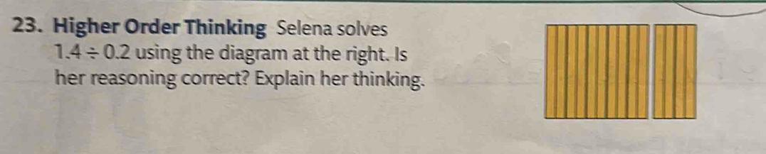 Higher Order Thinking Selena solves
1.4/ 0.2 using the diagram at the right. Is 
her reasoning correct? Explain her thinking.