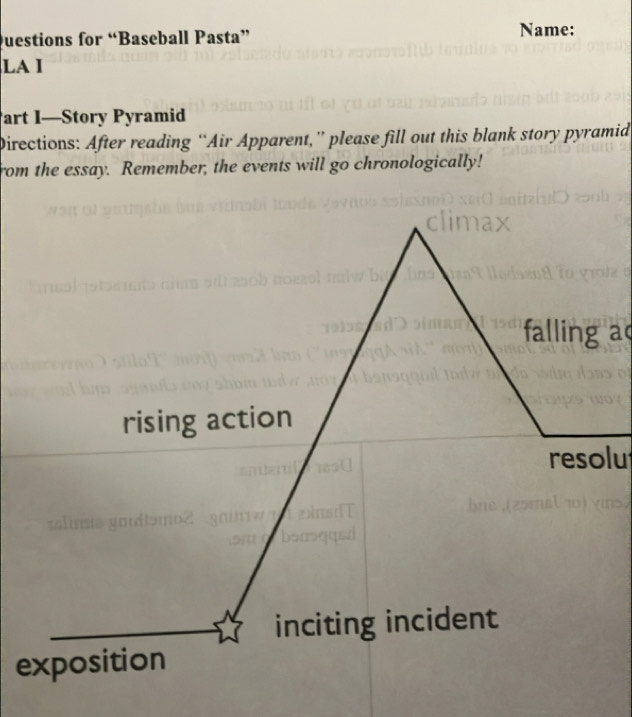 Questions for “Baseball Pasta” Name: 
LA I 
art I—Story Pyramid 
Directions: After reading “Air Apparent,” please fill out this blank story pyramid 
rom the essay. Remember, the events will go chronologically! 
falling ac 
rising action 
resolu 
inciting incident 
exposition