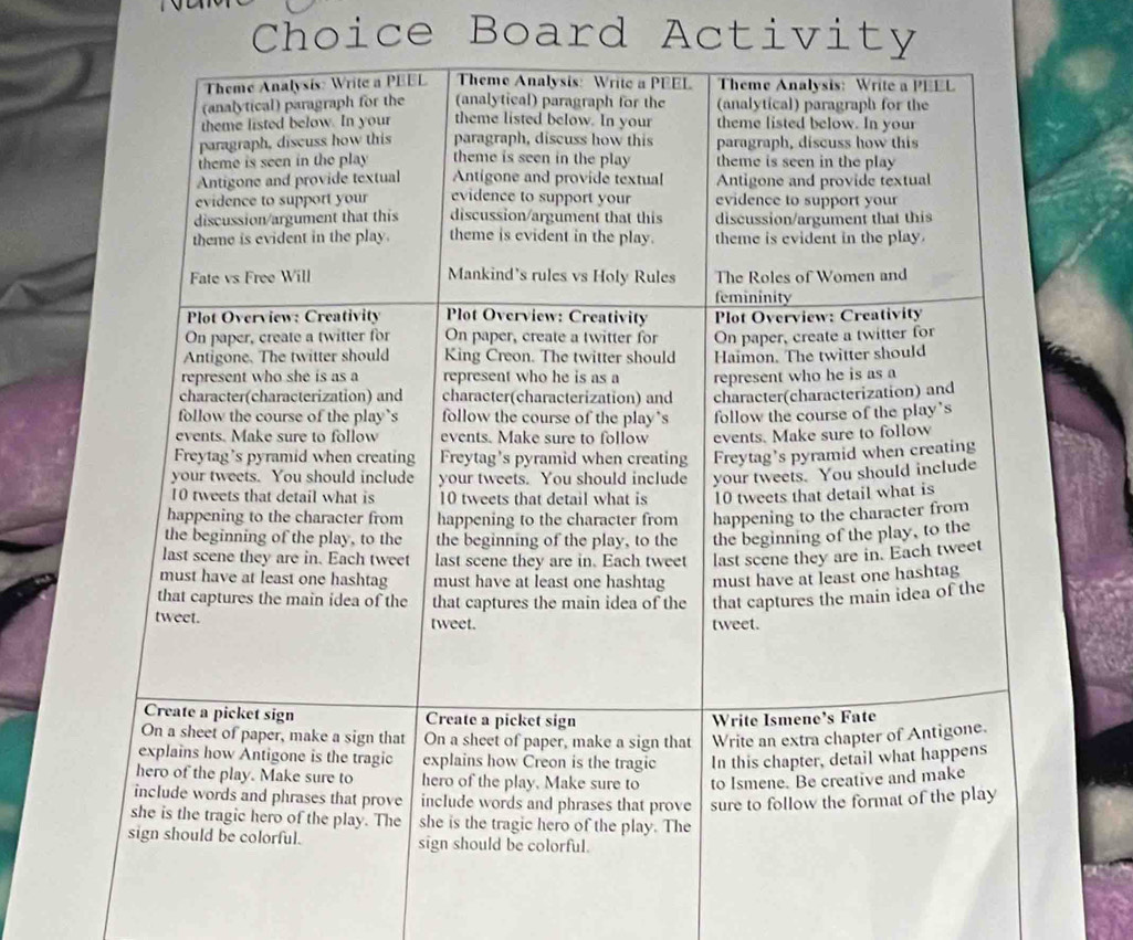 Choice Board Activity