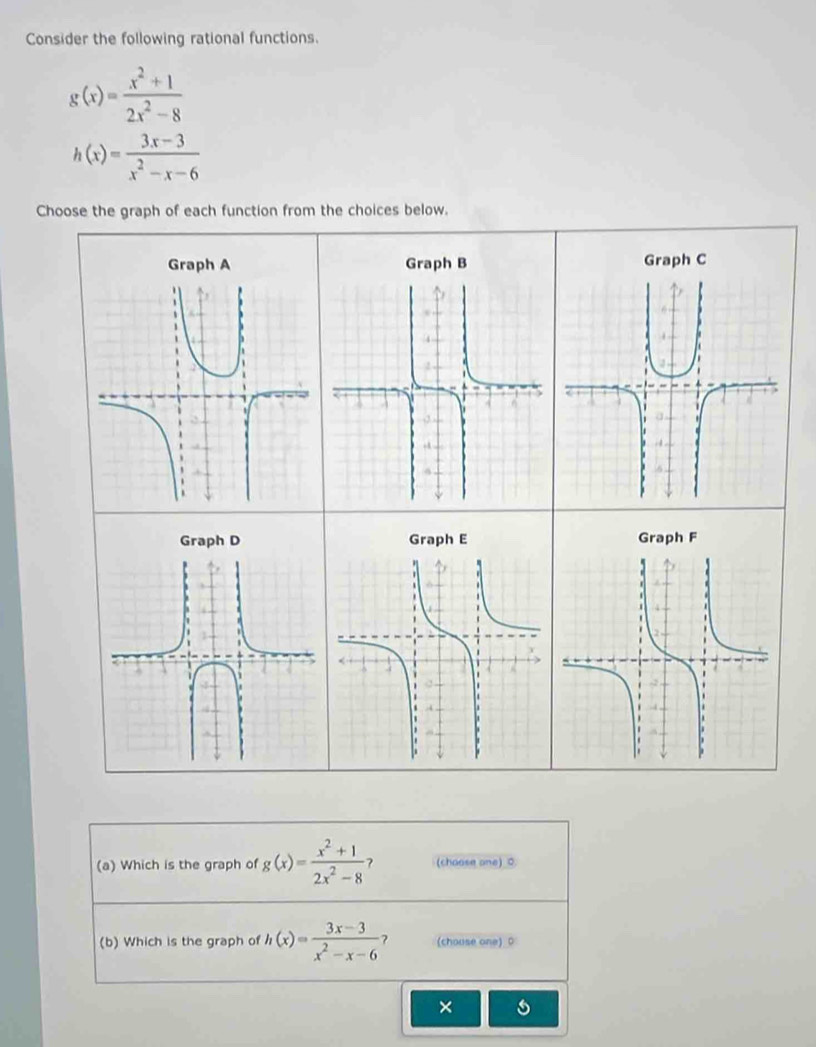 Consider the following rational functions.
g(x)= (x^2+1)/2x^2-8 
h(x)= (3x-3)/x^2-x-6 
Choose the graph of each function from the choices below.
Graph A Graph B Graph C
Graph D Graph E Graph F
(a) Which is the graph of g(x)= (x^2+1)/2x^2-8  (choose one)_ 0.
(b) Which is the graph of h(x)= (3x-3)/x^2-x-6  ? (chouse one) 0
×