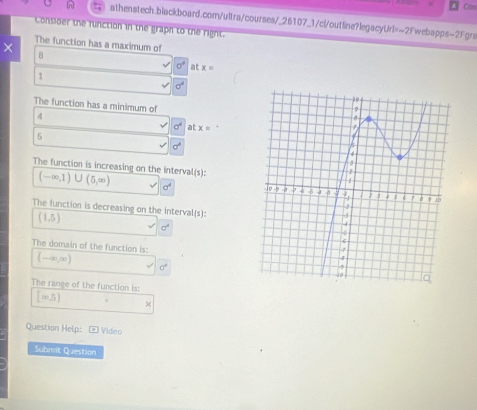 A Ca
athenstech.blackboard.com/ultra/courses/_26107_1/cl/outline?legacyUrl=~2Fwebapps~2Fgrs
Consider the runction in the graph to the right.
The function has a maximum of
× 8
sigma^4 at x=
1
sigma^4
The function has a minimum of
4
sigma^4 at x=
5
sigma^4
The function is increasing on the interval(s):
(-∈fty ,1)∪ (5,∈fty ) sigma^4
The function is decreasing on the interval(s):
(1,5)
sigma^4
The domain of the function is:
(-∈fty ,∈fty )
a^4
The range of the function is:
[∈fty ,5) t ×
Question Help: Video
Submit Question