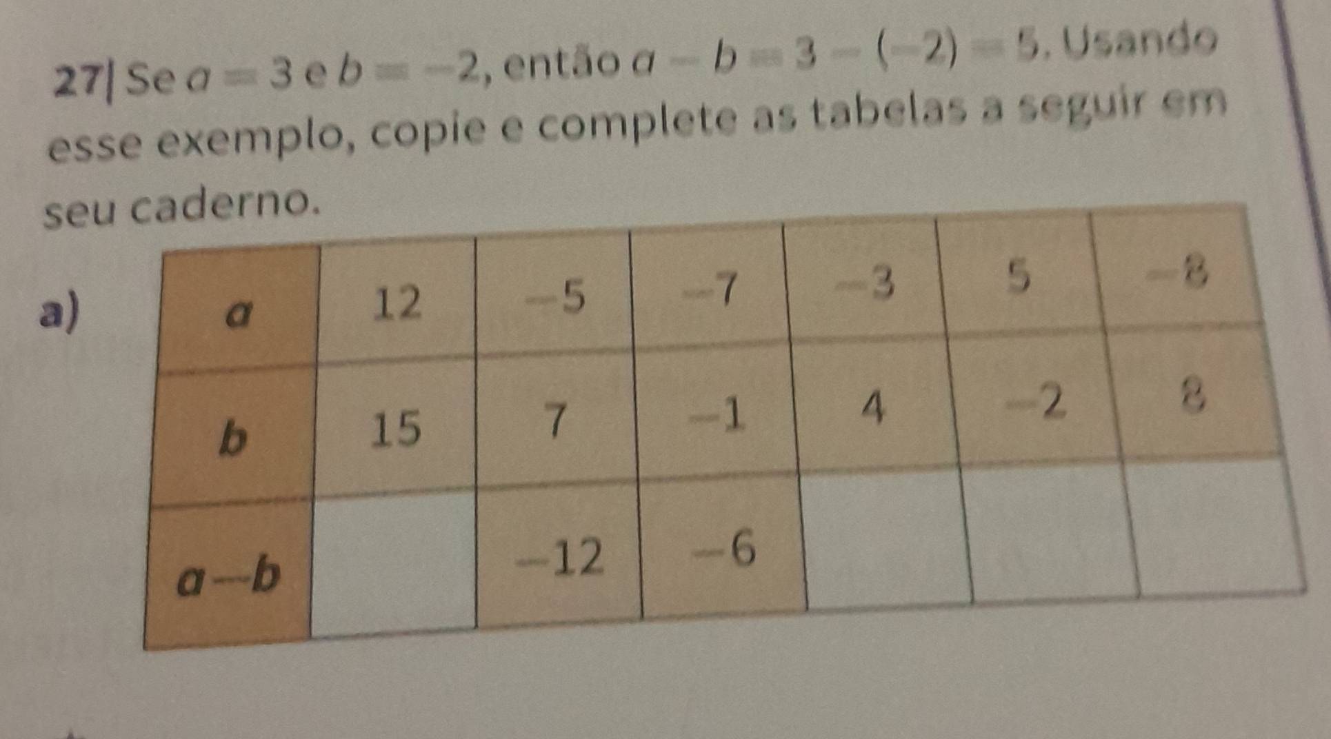 27| Se a=3 e b=-2 , então a-b=3-(-2)=5. Usando 
esse exemplo, copie e complete as tabelas a seguir em 
s 
a