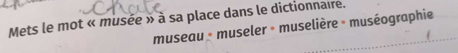 Mets le mot « musée » à sa place dans le dictionnaire. 
museau * museler • muselière * muséographie