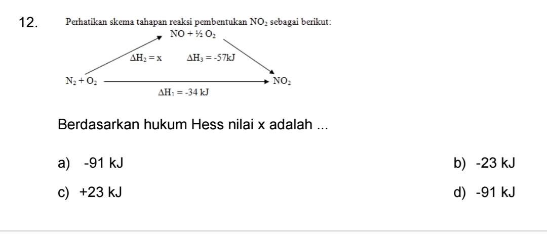 Perhatikan skema tahapan reaksi pembentukan NO_2 sebagai berikut:
NO+1/2O_2
△ H_2=x △ H_3=-57kJ
N_2+O_2
NO_2
Delta H_1=-34kJ
Berdasarkan hukum Hess nilai x adalah ...
a) -91 kJ b) -23 kJ
c) +23 kJ d) -91 kJ