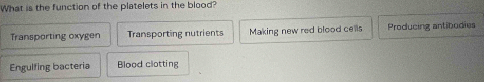 What is the function of the platelets in the blood?
Transporting oxygen Transporting nutrients Making new red blood cells Producing antibodies
Engulfing bacteria Blood clotting
