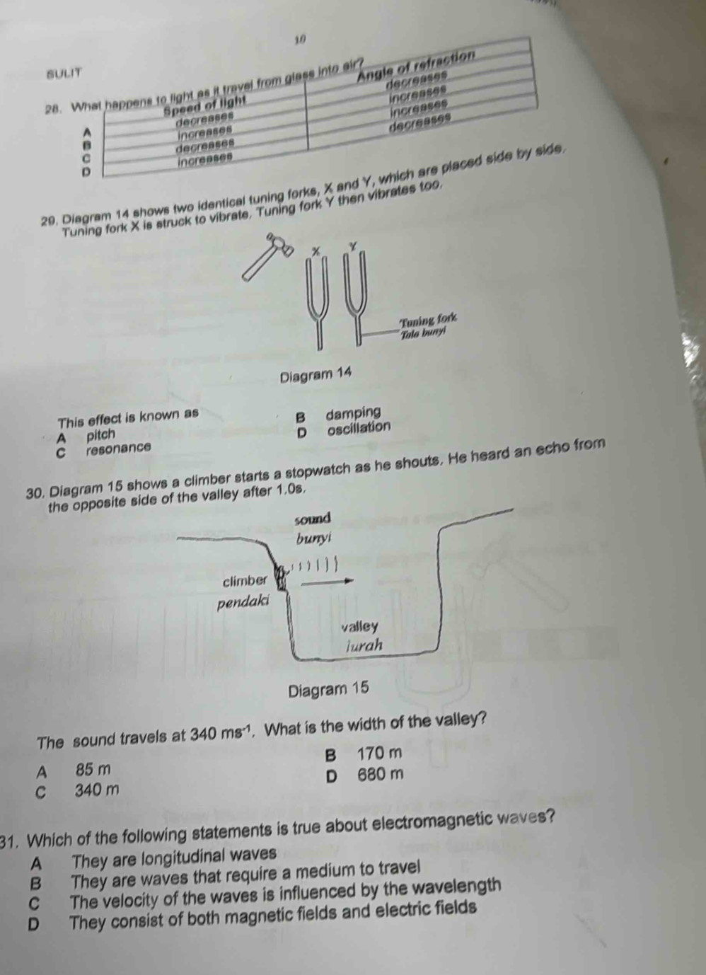 Diagram 14 shows two identical tuning forks, 
Tuning fork X is struck to vibrate. Tuning fork Y then vibrates
y
Tuning fork
Tala bunyi
Diagram 14
This effect is known as
A pitch B damping
C resonance D oscillation
30. Diagram 15 shows a climber starts a stopwatch as he shouts. He heard an echo from
the opposite side of the valley after 1.0s.
The sound travels at 340ms^(-1). What is the width of the valley?
A 85 m B 170 m
D 680 m
c 340 m
31. Which of the following statements is true about electromagnetic waves?
A They are longitudinal waves
B They are waves that require a medium to travel
C The velocity of the waves is influenced by the wavelength
D They consist of both magnetic fields and electric fields