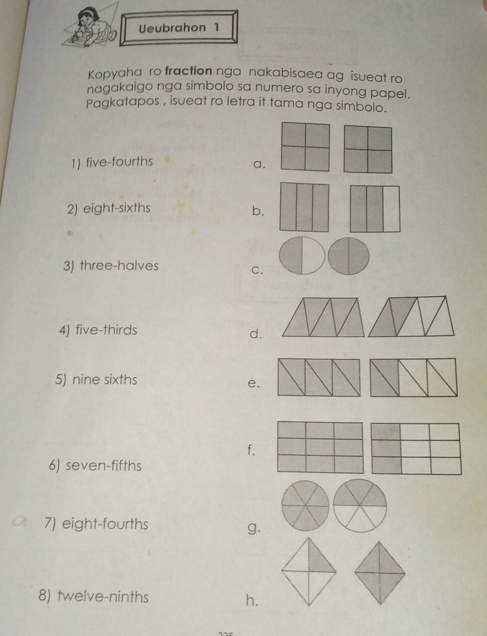 Ueubrahon 1
Kopyaha ro fraction nga nakabisaea ag isueat ro
nagakaigo nga simbolo sa numero sa inyong papel.
Pagkatapos , isueat ro letra it tama nga simbolo.
1) five-fourths a.
2) eight-sixths b.
3) three-halves
C.
4) five-thirds d.
5) nine sixths
e.
f.
6) seven-fifths
7) eight-fourths
g.
8) twelve-ninths h.