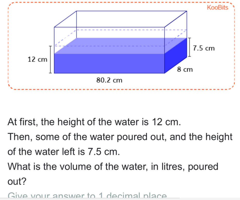 At first, the height of the water is 12 cm. 
Then, some of the water poured out, and the height 
of the water left is 7.5 cm. 
What is the volume of the water, in litres, poured 
out? 
Give your answer to 1 decimal place