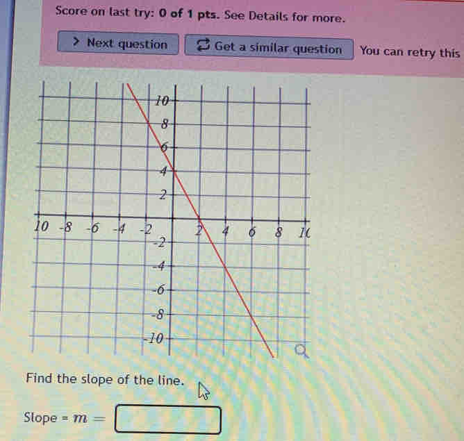 Score on last try: 0 of 1 pts. See Details for more. 
Next question Get a similar question You can retry this 
Find the slope of the line. 
Slope =m= □