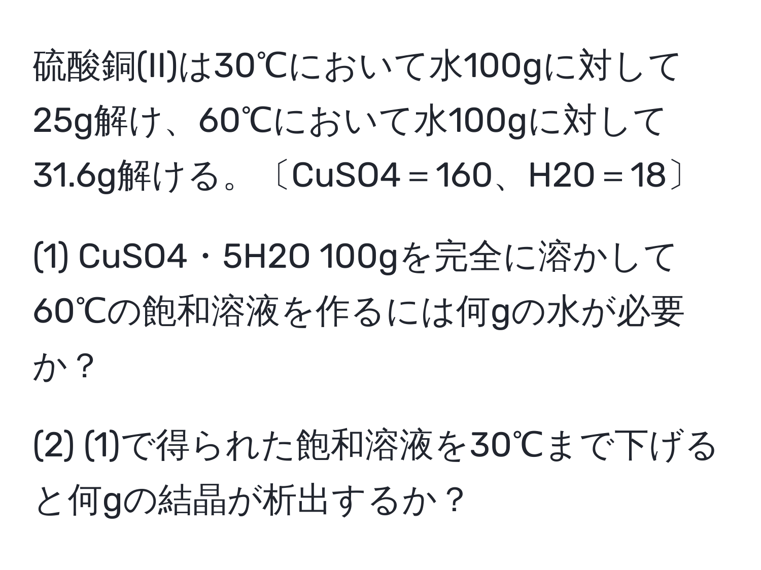 硫酸銅(II)は30℃において水100gに対して25g解け、60℃において水100gに対して31.6g解ける。〔CuSO4＝160、H2O＝18〕
  
(1) CuSO4・5H2O 100gを完全に溶かして60℃の飽和溶液を作るには何gの水が必要か？
  
(2) (1)で得られた飽和溶液を30℃まで下げると何gの結晶が析出するか？