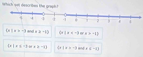 Which set describes the graph?
 x|x>-3 and x≥ -1  x|x or x>-1
 x|x≤ -3 or x≥ -1  x|x>-3 and x≤ -1