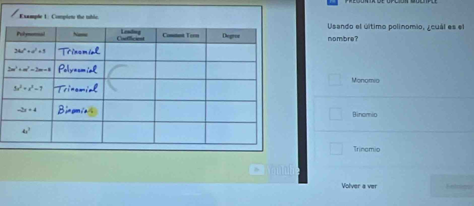 Example 1: Complete the tuhlc.
Usando el último polinomio, ¿cuál es el
nombre?
Monomio
Binamio
Trinomio
oun
Volver a ver